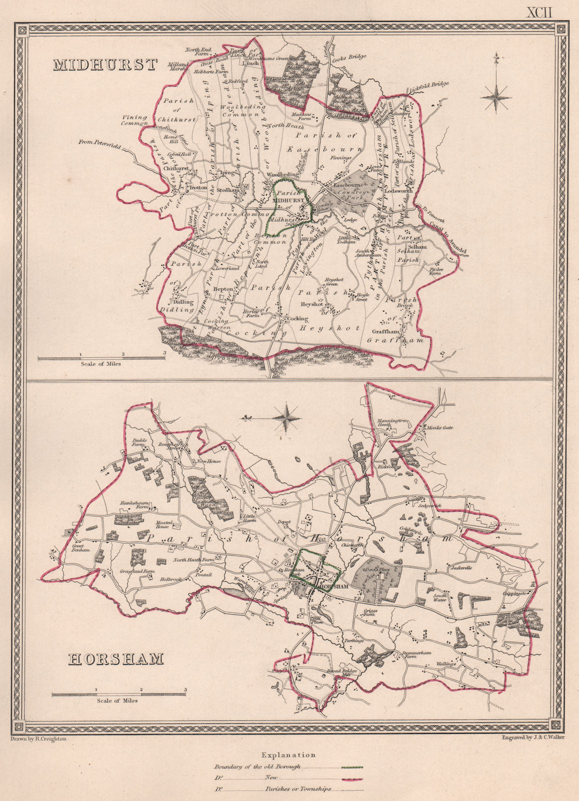 SUSSEX TOWNS. Midhurst Horsham borough plans. CREIGHTON/WALKER 1835 old map